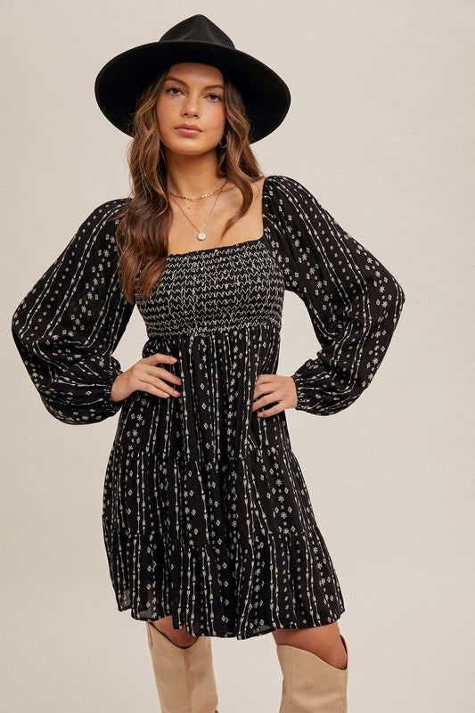 Willow Boho Print Smocked Bubble Sleeve Dress: Black