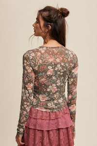 Jayla  Floral Print Mesh Fitted Long Sleeve Top