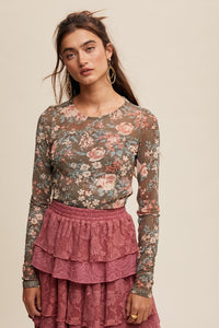 Jayla  Floral Print Mesh Fitted Long Sleeve Top