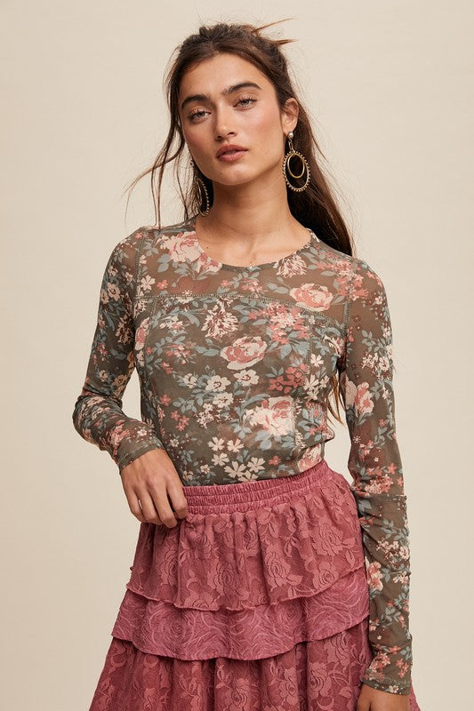 Jayla  Floral Print Mesh Fitted Long Sleeve Top