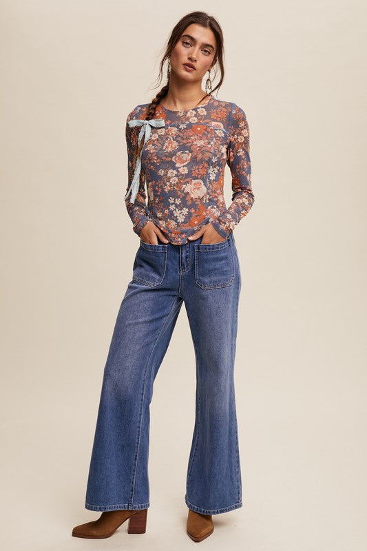 Jayla  Floral Print Mesh Fitted Long Sleeve Top