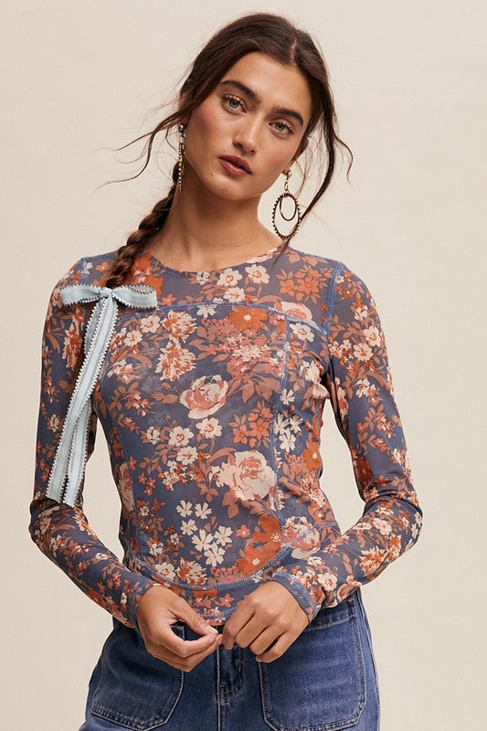 Jayla  Floral Print Mesh Fitted Long Sleeve Top