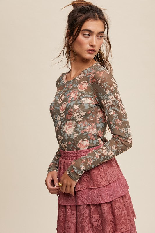 Jayla  Floral Print Mesh Fitted Long Sleeve Top