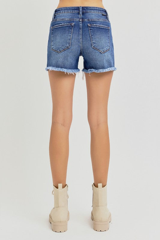 Risen 'Weekend Escape" Mid-Rise Denim Shorts: Dark Wash – Tummy Control & Frayed Hem