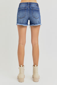 Risen 'Weekend Escape" Mid-Rise Denim Shorts: Dark Wash – Tummy Control & Frayed Hem