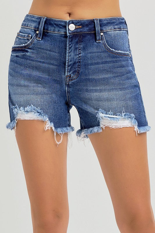 Risen 'Weekend Escape" Mid-Rise Denim Shorts: Dark Wash – Tummy Control & Frayed Hem