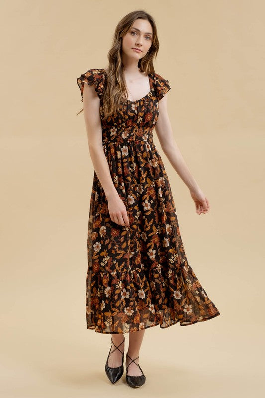 Jamie Fall Floral Midi Dress: Black