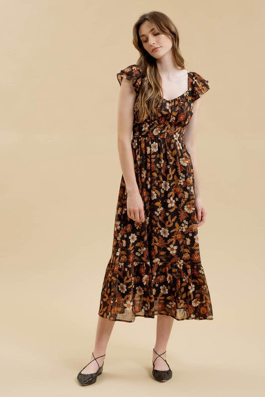 Jamie Fall Floral Midi Dress: Black