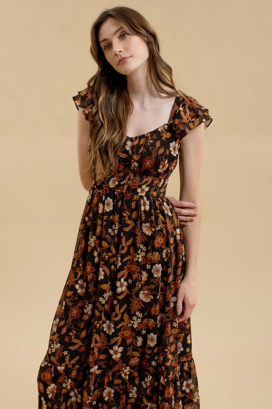 Jamie Fall Floral Midi Dress: Black