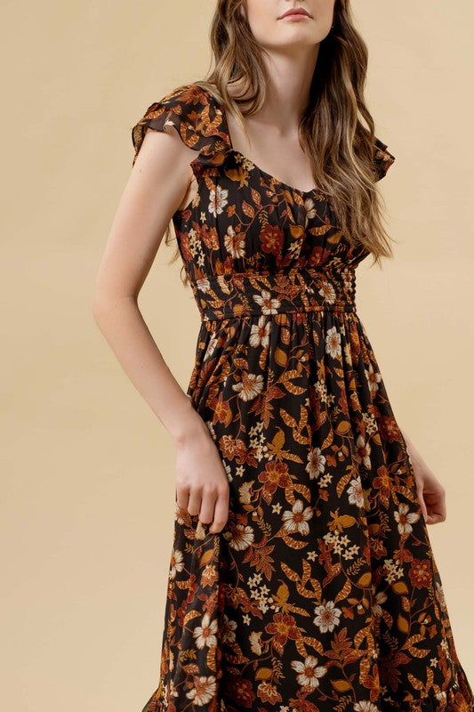 Jamie Fall Floral Midi Dress: Black