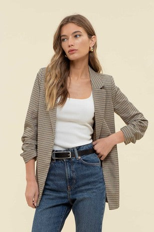 Sarah 3/4 Ruched Sleeve Mini Plaid Blazer: Khaki