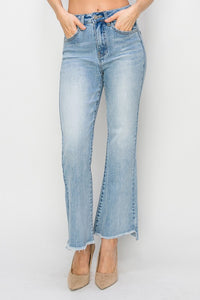 Risen High Rise Step Hem Crop Flare Jeans: Light Wash