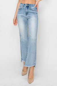 Risen High Rise Step Hem Crop Flare Jeans: Light Wash