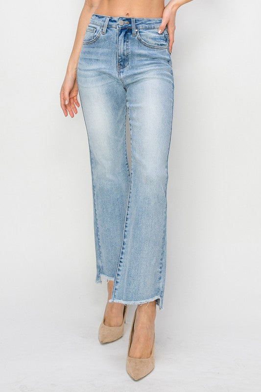 Risen High Rise Step Hem Crop Flare Jeans: Light Wash