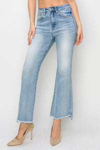 Risen High Rise Step Hem Crop Flare Jeans: Light Wash