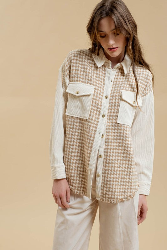 Olive Houndstooth Corduroy Shacket: Khaki