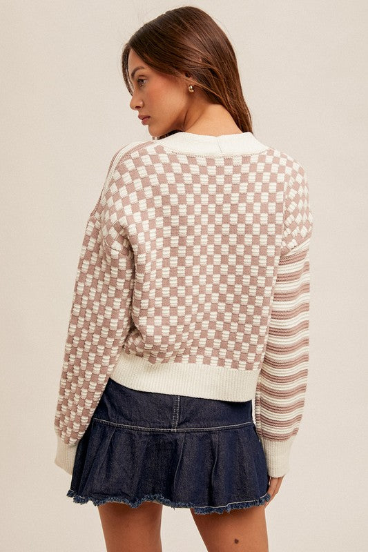 Braelynn Stripe and Checkered Print Crop Sweater: Cream/Mauve