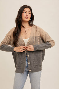 Natalie Braided Detail Color Block Cardigan: Taupe/ Charcoal