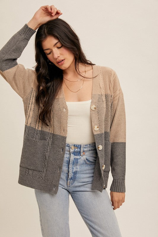 Natalie Braided Detail Color Block Cardigan: Taupe/ Charcoal