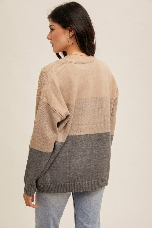 Natalie Braided Detail Color Block Cardigan: Taupe/ Charcoal