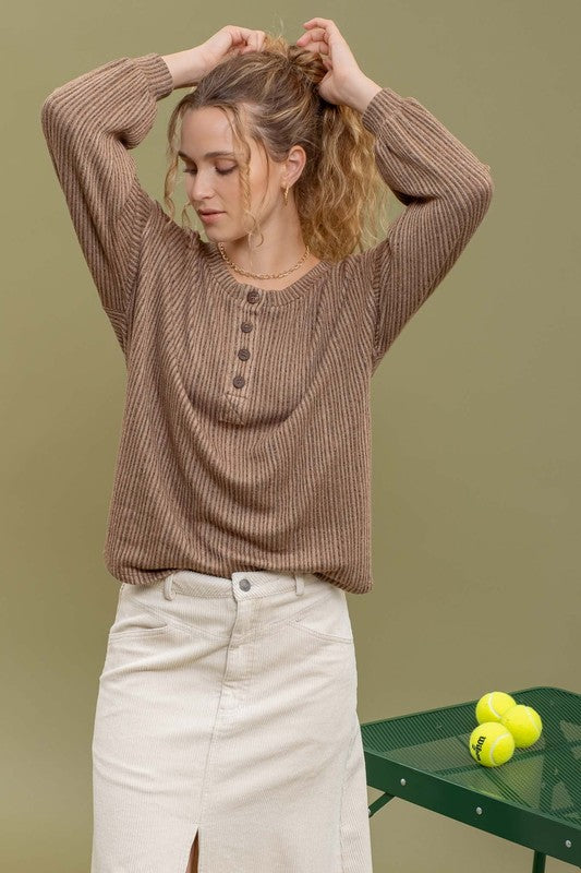 Addisyn Button Detail Long Sleeve Casual Top: Brown