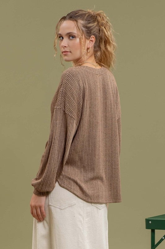 Addisyn Button Detail Long Sleeve Casual Top: Brown