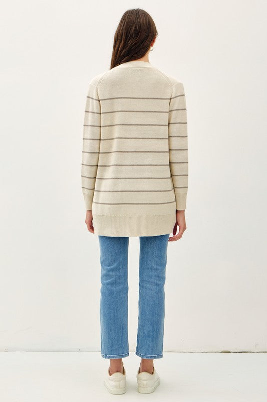 Clara Striped Open Front Cardigan – Neutral Knit Sweater with Pockets