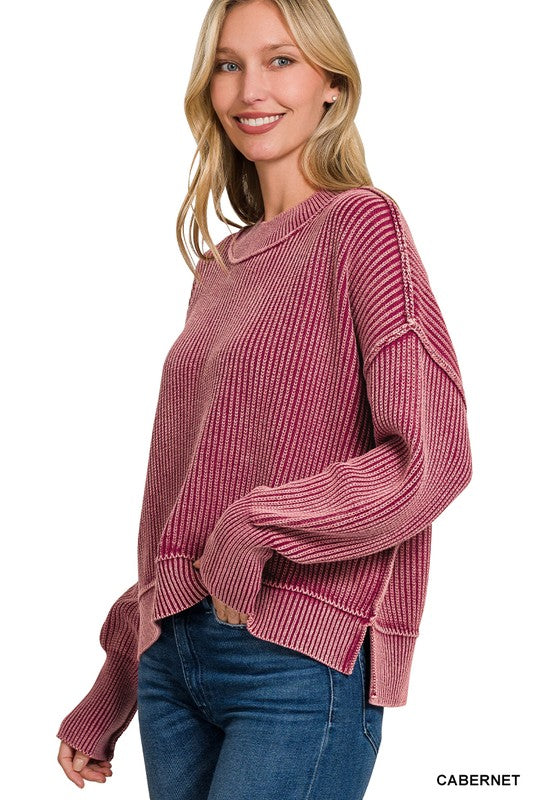 Arden Oversized Cropped Cotton Sweater – Washed Side Slit Knit Pullover