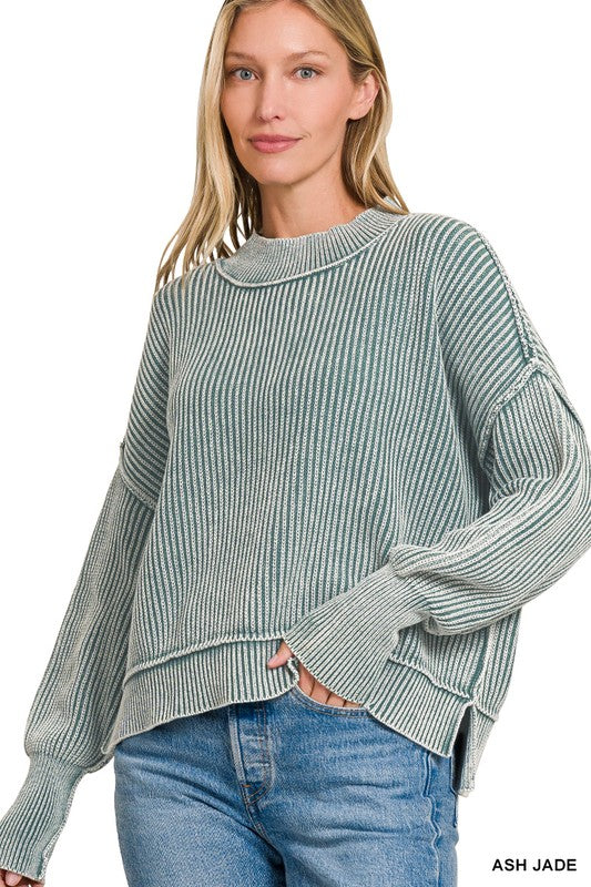 Arden Oversized Cropped Cotton Sweater – Washed Side Slit Knit Pullover
