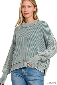 Arden Oversized Cropped Cotton Sweater – Washed Side Slit Knit Pullover