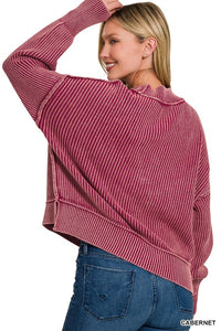 Arden Oversized Cropped Cotton Sweater – Washed Side Slit Knit Pullover