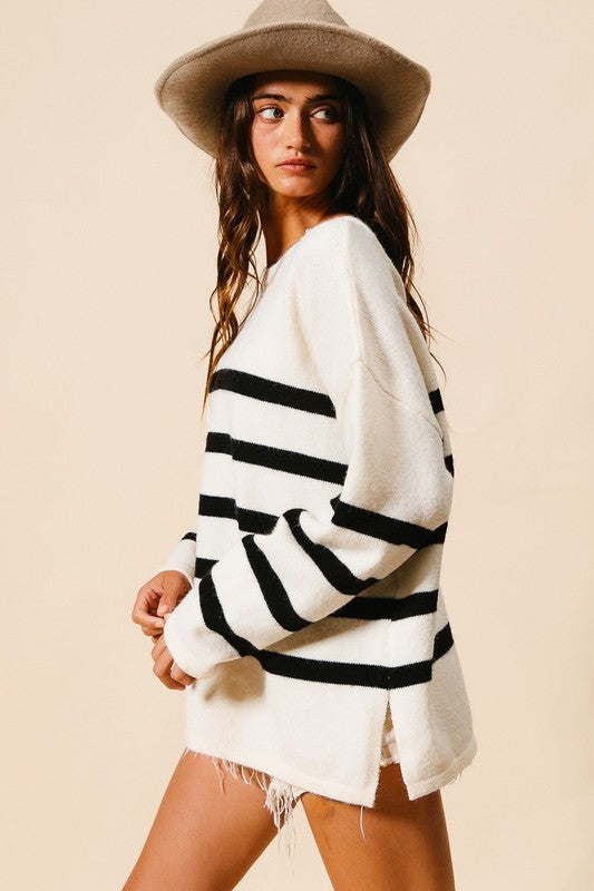 Rae Criss Cross Back Detail Stripe Sweater: Ivory/ Black