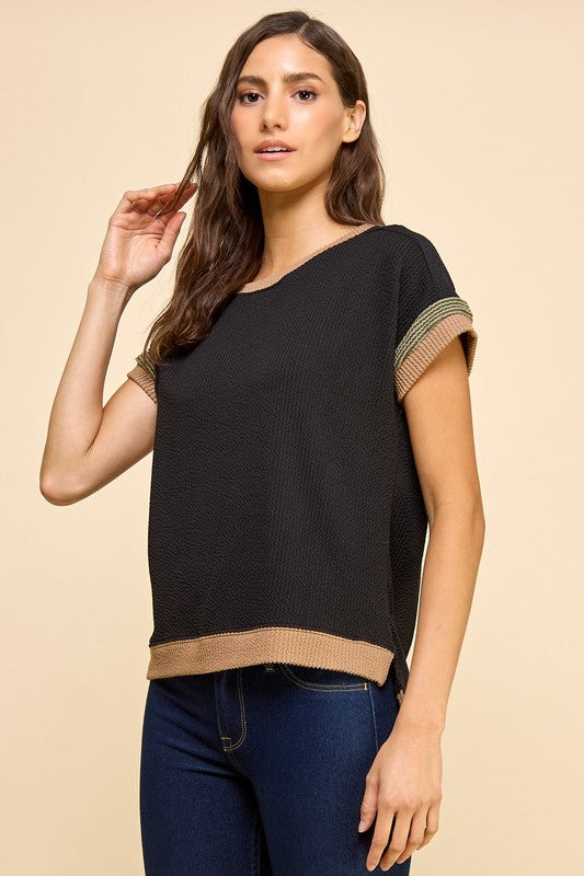 Elena Ribbed Short Sleeve Casual Top: Black