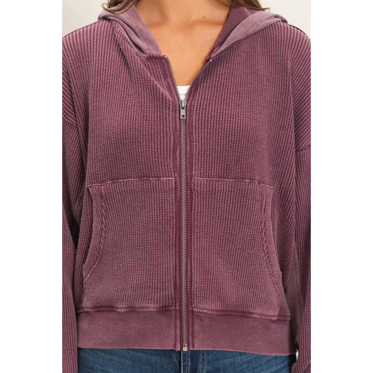 The Unwind Waffle Zip Hoodie: Dark Cherry