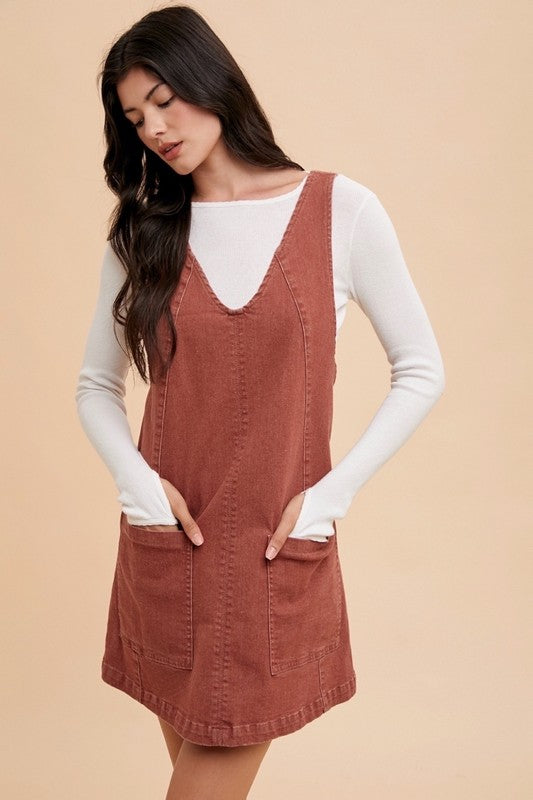 Maple Stretched Denim Overall Mini Dress – Adjustable Strap Pinafore with Pockets