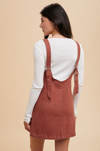 Maple Stretched Denim Overall Mini Dress – Adjustable Strap Pinafore with Pockets