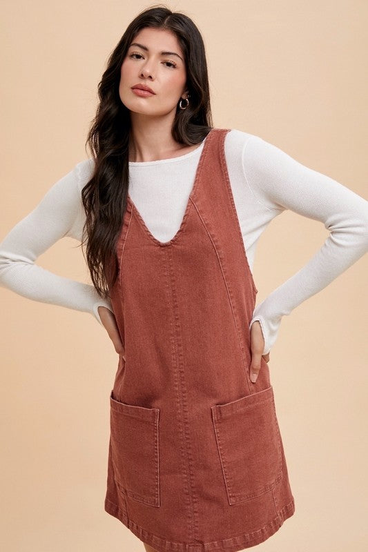 Maple Stretched Denim Overall Mini Dress – Adjustable Strap Pinafore with Pockets