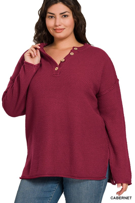 Harper Waffle Knit Henley Sweater – Plus Size Cozy Midweight Pullover (1X–3X)