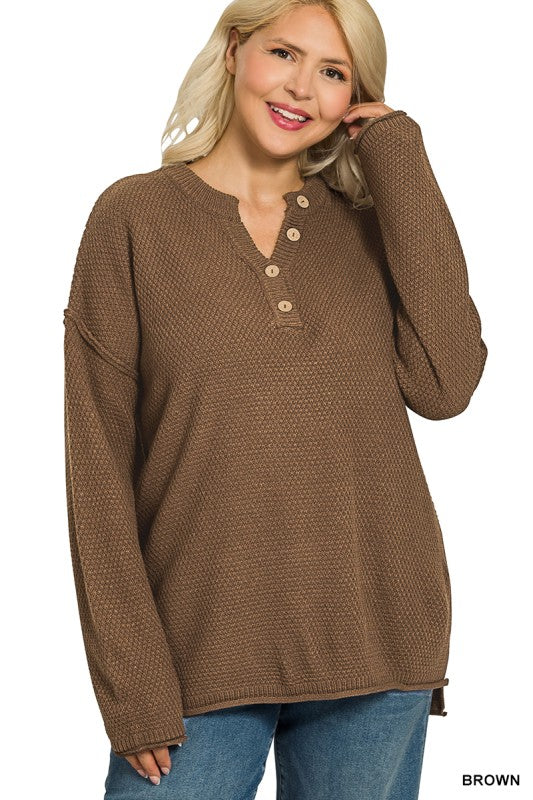 Harper Waffle Knit Henley Sweater – Plus Size Cozy Midweight Pullover (1X–3X)