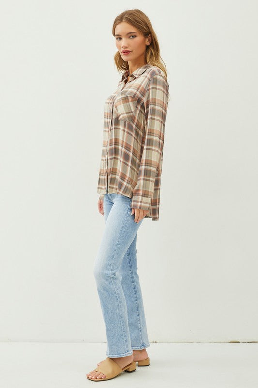 Micha Classci Flannel Button Down Long Sleeve Top- Multi