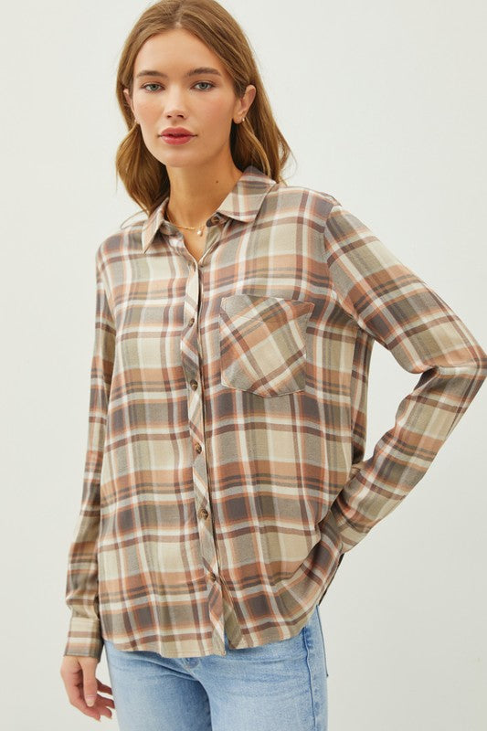 Micha Classci Flannel Button Down Long Sleeve Top- Multi