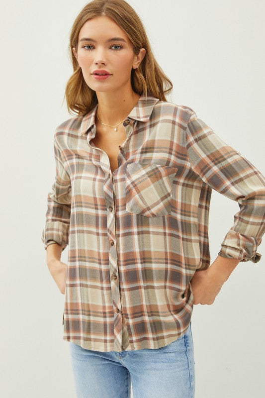 Micha Classci Flannel Button Down Long Sleeve Top- Multi