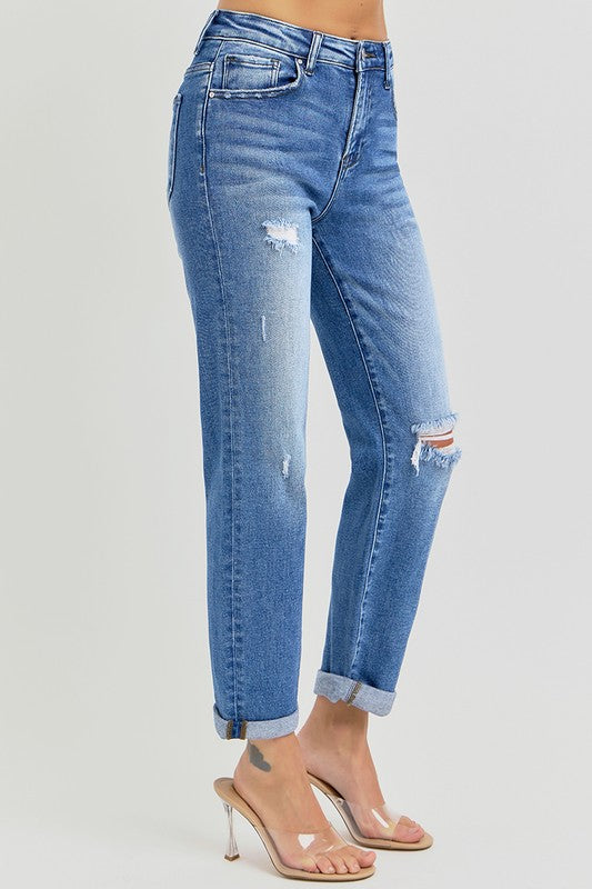 Risen Lucy High Rise Crop Girlfriend Roll Up Jean: Medium Wash