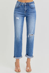 Risen Lucy High Rise Crop Girlfriend Roll Up Jean: Medium Wash