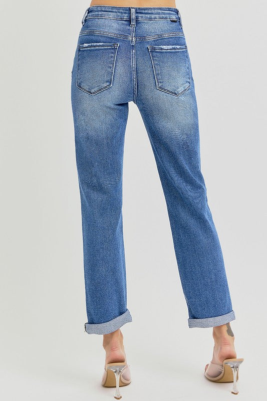 Risen Lucy High Rise Crop Girlfriend Roll Up Jean: Medium Wash