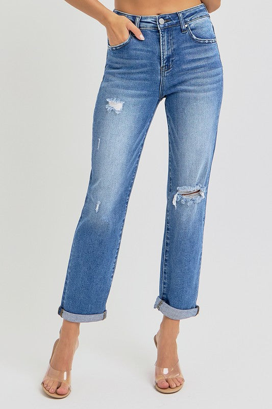 Risen Lucy High Rise Crop Girlfriend Roll Up Jean: Medium Wash