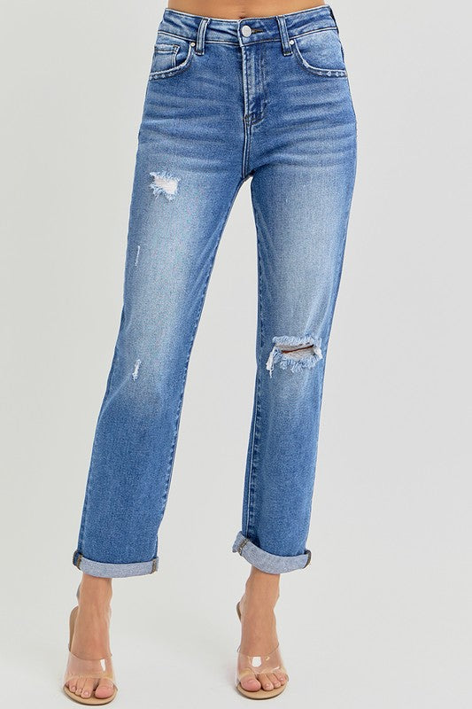 Risen Lucy High Rise Crop Girlfriend Roll Up Jean: Medium Wash