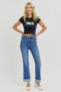 Risen "Merritt" High Rise Slim Straight Ankle Jeans: Medium Wash  – Elastic Waist Patch Pocket Denim for Women