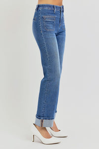 Risen "Merritt" High Rise Slim Straight Ankle Jeans: Medium Wash  – Elastic Waist Patch Pocket Denim for Women
