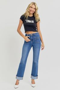 Risen "Merritt" High Rise Slim Straight Ankle Jeans: Medium Wash  – Elastic Waist Patch Pocket Denim for Women